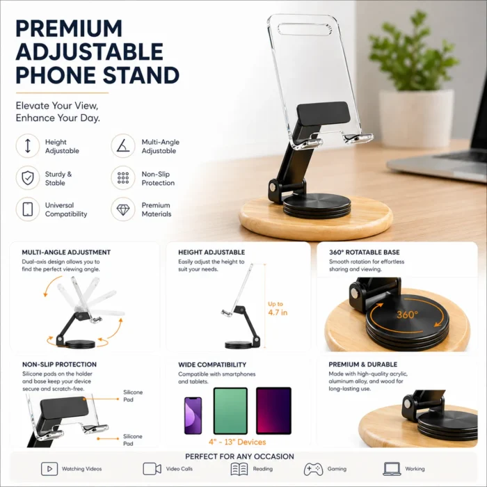 Zenstand Pure: Folding & Rotating Clear Mobile Stand with bamboo base | Folds completely to take minimal space Zenstand Pure