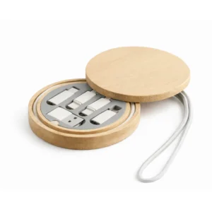 BamBox: Travel Cable box with universal connectors, ejector pin in Magnetic Bamboo Case - Round