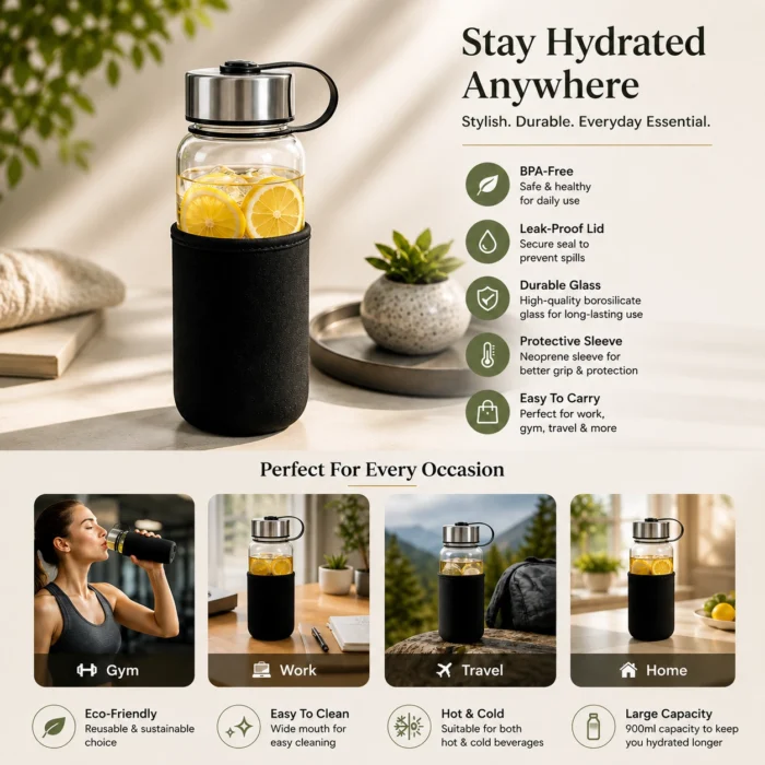 ChromeTank: Gallon style Glass Bottle with Polished Chrome Cap & Neoprene Sleeve | Capacity 900ml (approx) chrometank