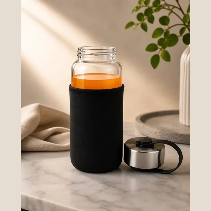 ChromeTank: Gallon style Glass Bottle with Polished Chrome Cap & Neoprene Sleeve | Capacity 900ml (approx) chrome tank
