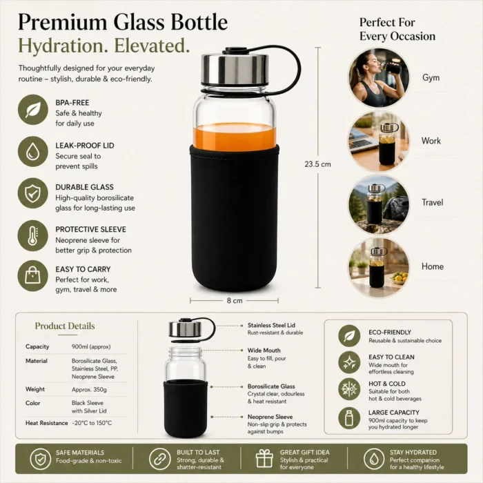 ChromeTank: Gallon style Glass Bottle with Polished Chrome Cap & Neoprene Sleeve | Capacity 900ml (approx) chrome tank