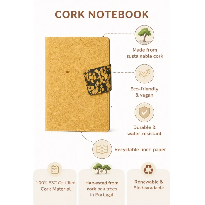 Cork Duomag: A5 Cork Notebook with magnetic flap closure | Slant design Flap made of Coffee cork material | A5 size | With memorandum & Bookmark ribbon