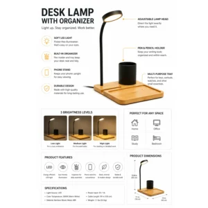 GlowNest: Bamboo Table top with 15W Wireless Charger, LED Lamp, Metal Pen holder & phone stand glownest