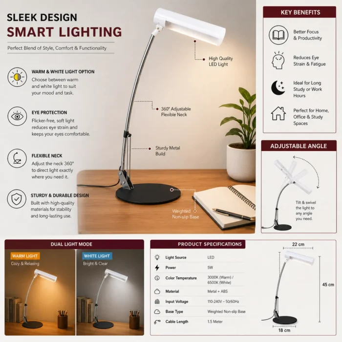 LumiTouch: Large folding Metal lamp with Full touch sensor | Warm and White Light option | Smooth dimmer function LumiTouch: Large folding Metal lamp with Full touch sensor | Warm and White Light option | Smooth dimmer function