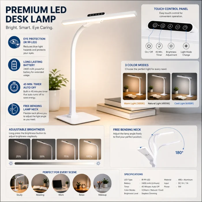 Luxora: Large rechargeable Folding LED lamp with timer & Brightness adjustment | Detachable head with 2 attachments | 3 Color light option | 45 min timer function luxora