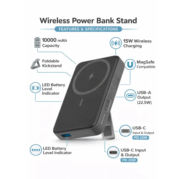 MagKick 10: 10,000 mAh Mini Magnetic Power bank | With Wireless Charger & Magnetic Kickstand | 15W wireless charging | Output ports: 1 USB A, 1 USB C | 22.5W Fast charging | Supports Qualcomm 3.0 + PD charging magkick10
