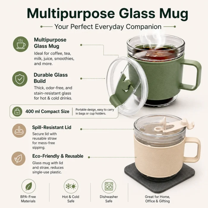 MiniBrew: Mini Glass Mug with Textured Grip Sleeve & Straw-Ready Lid | Double sip option | Capacity 400ml (approx) mini brew