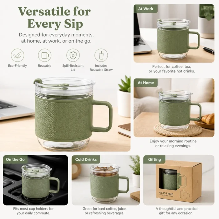 MiniBrew: Mini Glass Mug with Textured Grip Sleeve & Straw-Ready Lid | Double sip option | Capacity 400ml (approx) mini brew