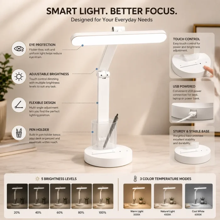 Mini Boss: Rechargeable Folding LED lamp with Touch panel Brightness adjustment | Detachable pen stand | 3 Color light option mini boss