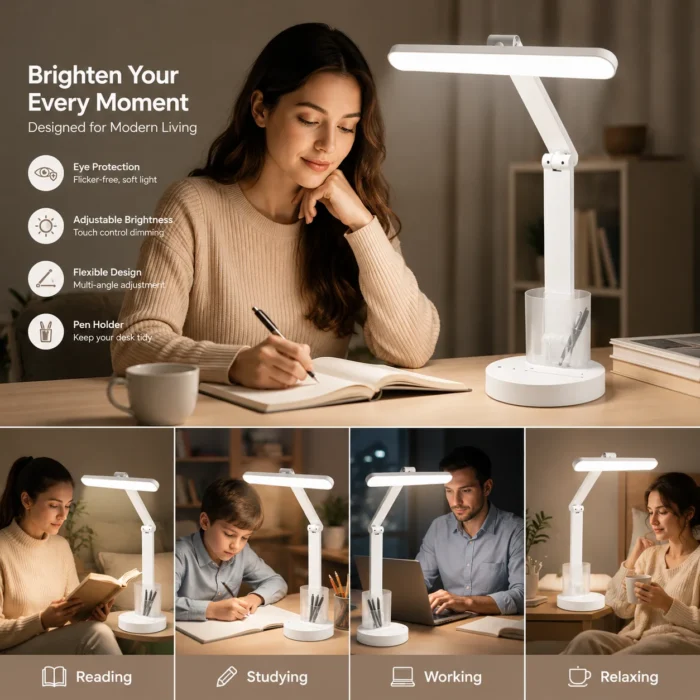 Mini Boss: Rechargeable Folding LED lamp with Touch panel Brightness adjustment | Detachable pen stand | 3 Color light option Mini Boss: Rechargeable Folding LED lamp with Touch panel Brightness adjustment | Detachable pen stand | 3 Color light option