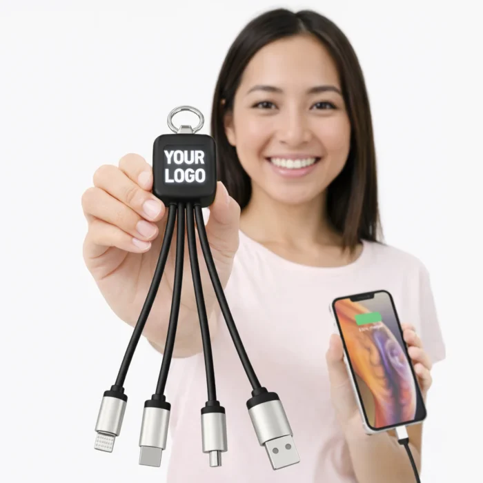 PowerGlow Rectangle Charging cable with Light Up Logo | Separate wires for all connectors | Fast charging