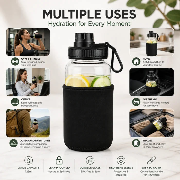 SportTank: Gallon style Glass Bottle with Carry Handle & Protective Sleeve | Capacity 725ml (approx) sport tank