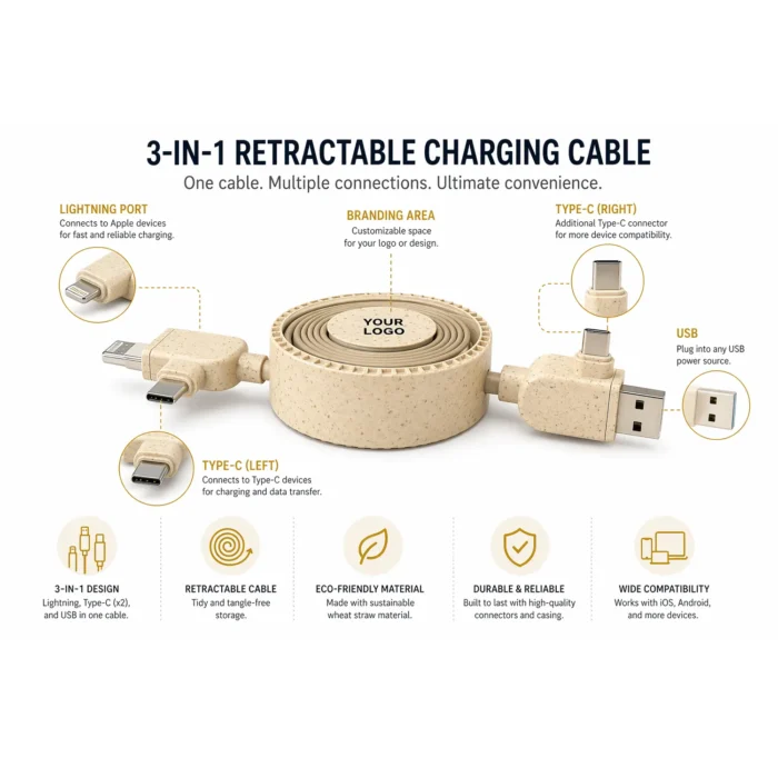 TidyCord Pure: Retractable Fast Charging cable with Data function in Wheat Straw material | Dual Input