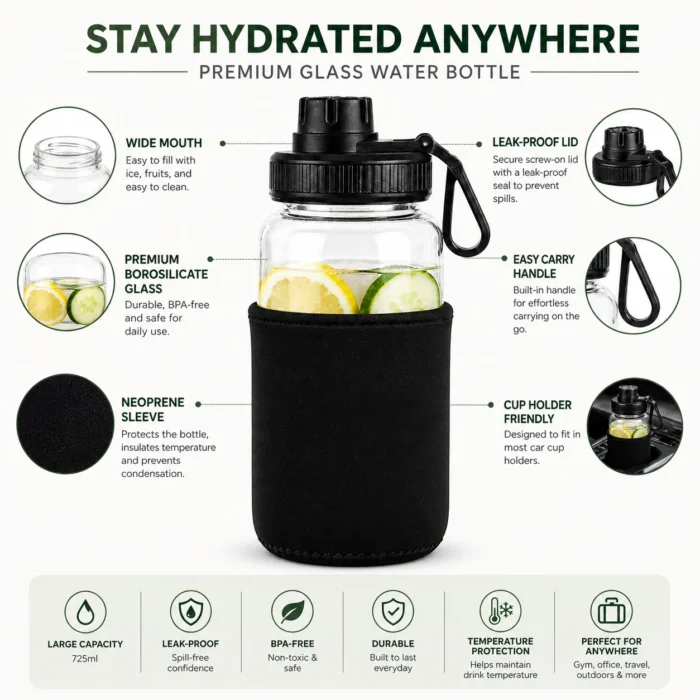 SportTank: Gallon style Glass Bottle with Carry Handle & Protective Sleeve | Capacity 725ml (approx) sport tank