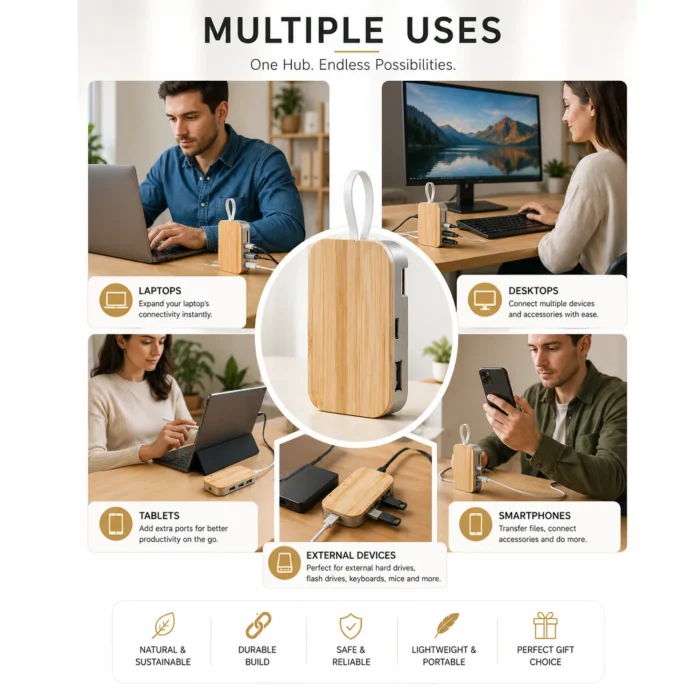 WoodHub: Bamboo USB hub with Phone stand | 4 USB outputs woodhub bambboo usb