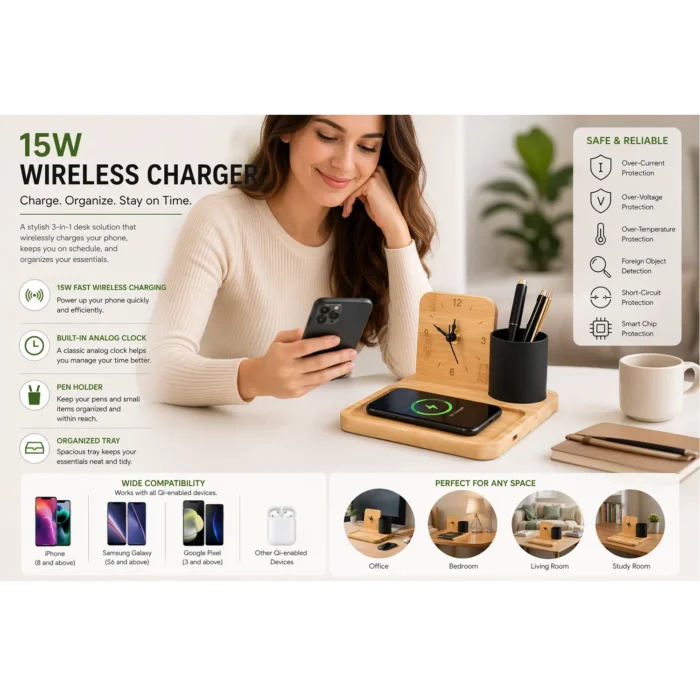 ZenCharge Core: Bamboo Wireless charger with phone stand, Metal Pen holder and Clock | 15W wireless charger zencharge core charger