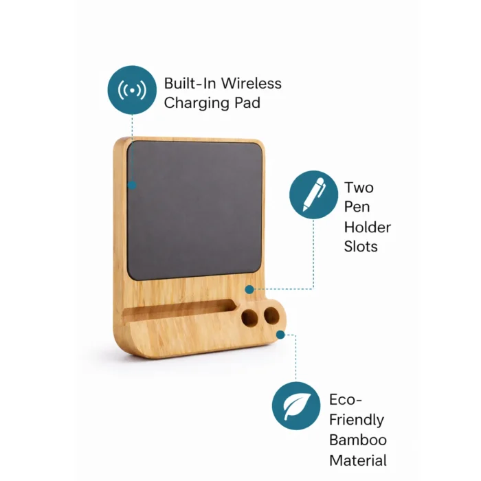 ZenCharge Glow: Bamboo Wireless Charger with Logo Highlight | Has a phone stand and pen stand | 15W wireless charger zencharge glow