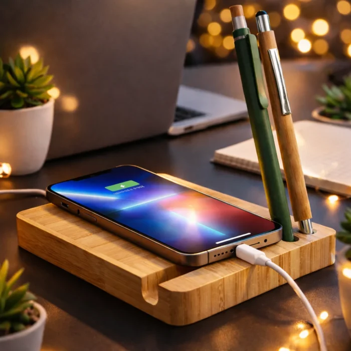 ZenCharge Glow: Bamboo Wireless Charger with Logo Highlight | Has a phone stand and pen stand | 15W wireless charger zencharge glow