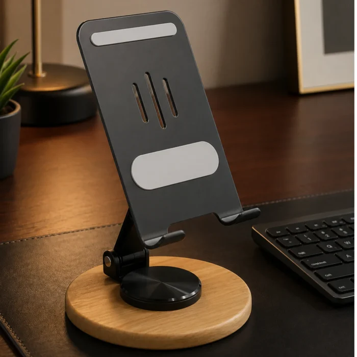 Zenstand Max: Folding & Rotating Metal Mobile Stand with bamboo base | Folds completely to take minimal space Zenstand Max