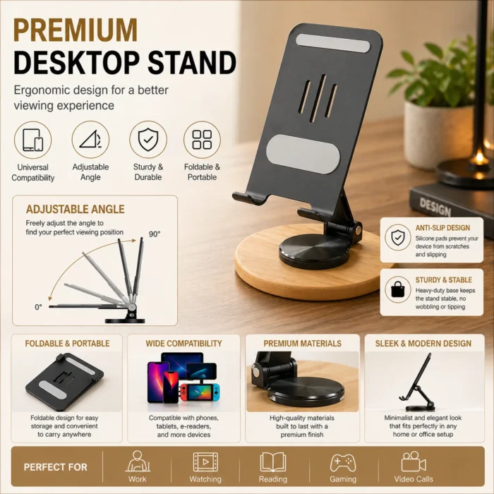 Zenstand Max: Folding & Rotating Metal Mobile Stand with bamboo base | Folds completely to take minimal space Zenstand Max