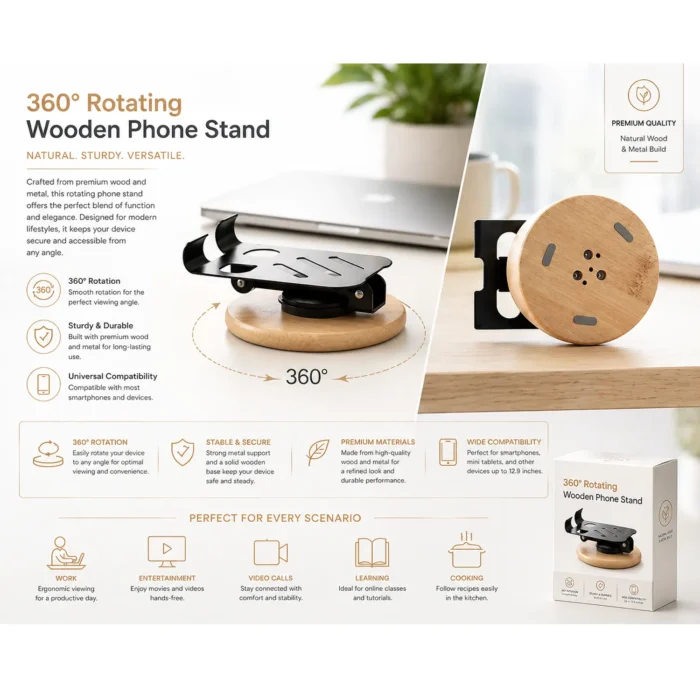 Zenstand Mini (Small): Folding & Rotating Metal Mobile Stand with bamboo base | Folds completely to take minimal space Zenstand Mini