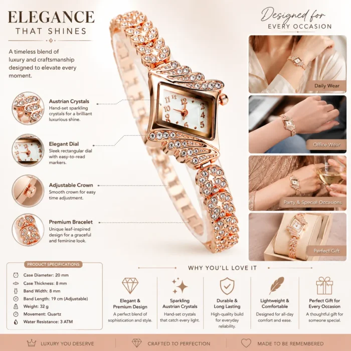 Ociel New Women Designer Bracelet Rose Gold Stone Studded Fancy Party & Casual Wear Alloy Strap Ladies Analog Watch for Girls women watch