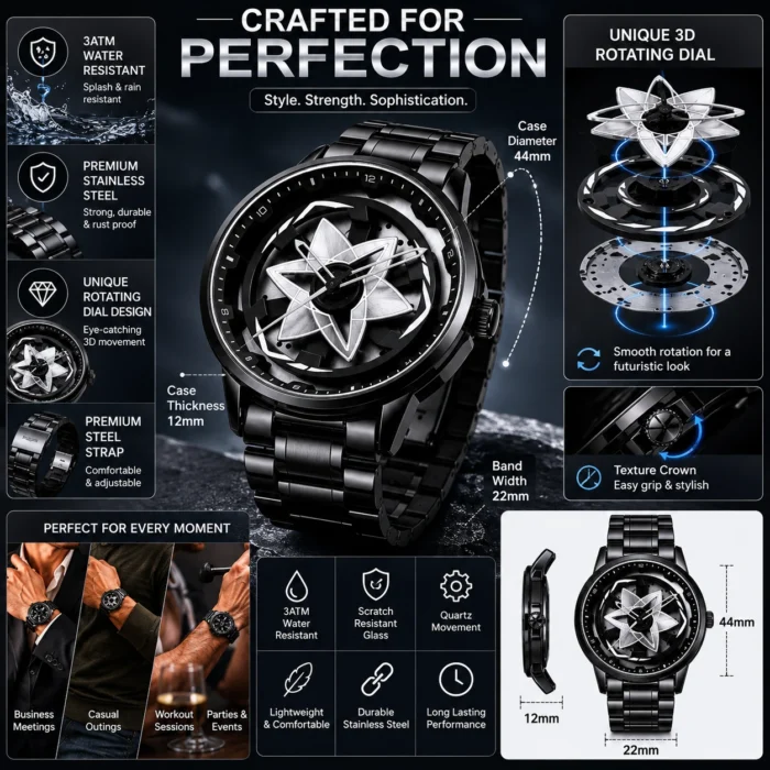 Renaissance Traders Black Metal 360° Rotation Dial Analog Men's Watch men's watch