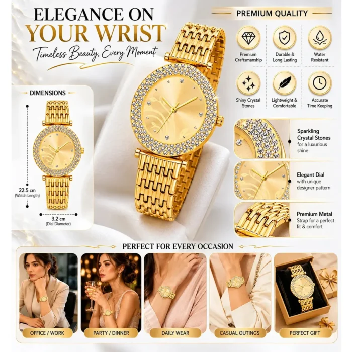 Renaissance Traders - Gold Metal Diamond Printed Dial Pattern Analog Womens Watch